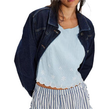 Women'S Crew Neck Sleeveless Rippled Contrasting Colors Hem Trim Embroidery Blouse Tops Sky L