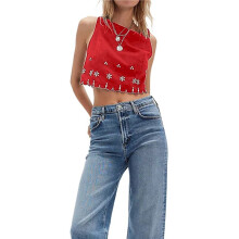 Women'S Crew Neck Sleeveless Rippled Contrasting Colors Hem Trim Embroidery Blouse Tops Red S