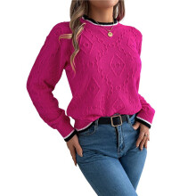 Sweaters for Women Striped Trim Drop Shoulder Sweater Sweaters Rose Red M