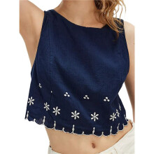 Women'S Crew Neck Sleeveless Rippled Contrasting Colors Hem Trim Embroidery Blouse Tops S