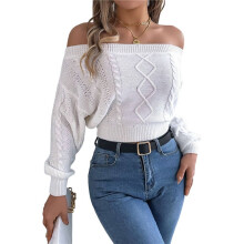 Womens Off the Shoulder Sweater Solid Cable Knitted Pullover Jumper Top Casual Long Sleeve Cropped Sweaters White M