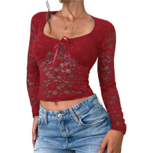 Women Y2K Lace Crop Top U Neck Bow Club Concert Clothes Going Out Tops Wine Red XS