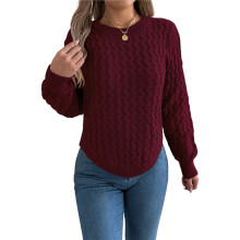 Women'S Crew Neck Solid Color Sweater Casual Warm Pullover Long Lantern Sleeve Tops Wine Red S