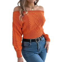 Damen Off-The-Shoulder Pullover Solid Zopfmuster Pullover Jumper Top Casual Langarm Cropped Pullover Orange Farbe M