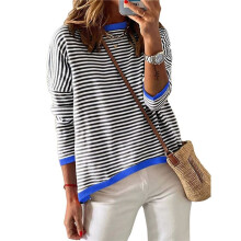 Womens Sweaters Long Sleeve Crew Neck Color Block Striped Casual Knitted Pullover Tops Black & XXL