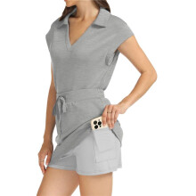 Womens Two Piece Skirt Sets Tennis Outfits Casual Cap Sleeve Lapel Shirt Summer Athletic Short Skort Set Light Gray M