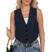 Cropped Suit Vest for Women Button Business Casual Dressy Waistcoat Vest Tops Navy M