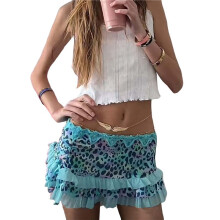 Women Y2K Lace  Skirt Low Rise Leopard Half Slip Skirt Contrast Ruffle Flowy Short Skirt Underskirt Lake  M