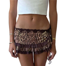 Women Y2K Lace  Skirt Low Rise Leopard Half Slip Skirt Contrast Ruffle Flowy Short Skirt Underskirt Coffee Color XL