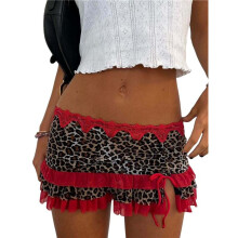 Women Y2K Lace  Skirt Low Rise Leopard Half Slip Skirt Contrast Ruffle Flowy Short Skirt Underskirt Red XL