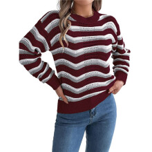 Women Color Matching Wavy Pattern V-Neck Jumper Classy Long Sleeve Hollow Out Knitted Sweater Wine Red S