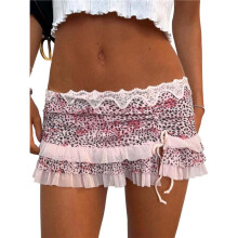 Women Y2K Lace  Skirt Low Rise Leopard Half Slip Skirt Contrast Ruffle Flowy Short Skirt Underskirt  XL