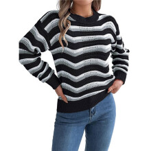 Women Color Matching Wavy Pattern V-Neck Jumper Classy Long Sleeve Hollow Out Knitted Sweater Black XL