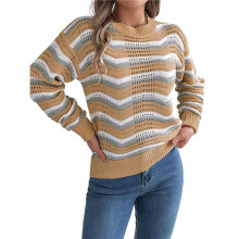 Women Color Matching Wavy Pattern V-Neck Jumper Classy Long Sleeve Hollow Out Knitted Sweater Khaki XL
