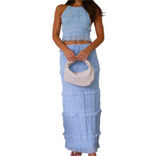 Womens Y2k Maxi Skirt Set Backless Lace Halter Crop Top and Long Skirt Sets Beach Dress 2 PCS Outfit L