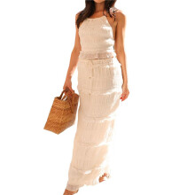 Womens Y2k Maxi Skirt Set Backless Lace Halter Crop Top and Long Skirt Sets Beach Dress 2 PCS Outfit Apricot S