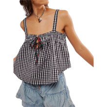 Women Y2k Tank Top Spaghetti Strap Peplum Camisole Sleeveless Tie Front Ruffle Hem Top Streetwear Black L
