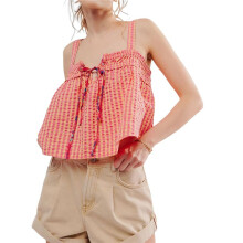Women Y2k Tank Top Spaghetti Strap Peplum Camisole Sleeveless Tie Front Ruffle Hem Top Streetwear Orange Color S