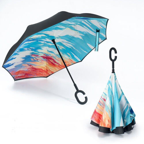Reverse Folding Inverted Umbrella with Double Layer Canopy and Ergonomic CShaped Handle Abstract Pattern