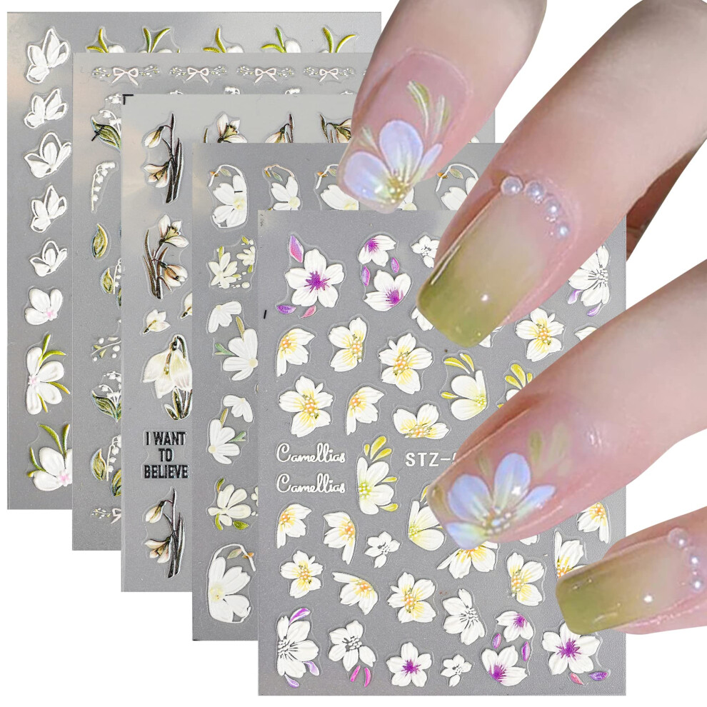 5D Embossed Flower Nail Art Stickers Set, SelfAdhesive Camellia Decals, Colorful 5 Sheets Salon Decoration