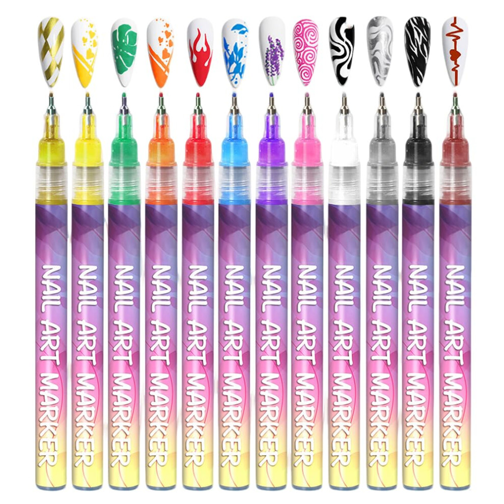 12 Colors Nail Art Pens Set, Vibrant Pigmented Fine Tip Nail Art Markers for Acrylic and Gel Nails