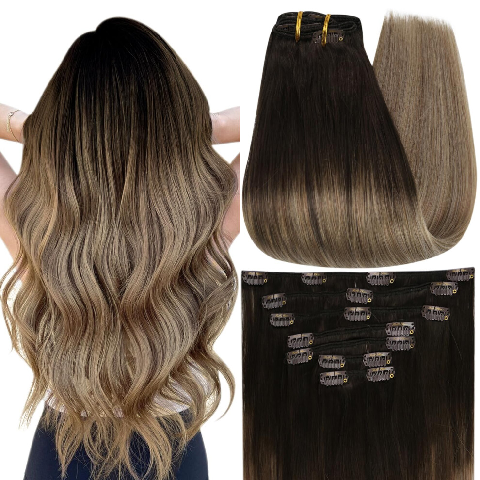 Unisex Brown 22 Inch Remy Clip In Human Hair Extensions Double Weft Dark To Ash Blonde Straight 120G Seamless Natural Blend