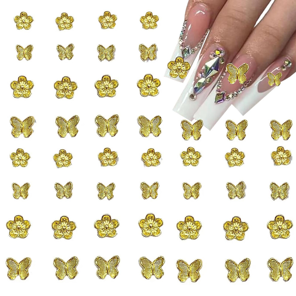 Gold 60Pcs 3D Nail Charms Butterfly Flower Nail Decorations Durable Alloy Nail Art Accessories For Manicure