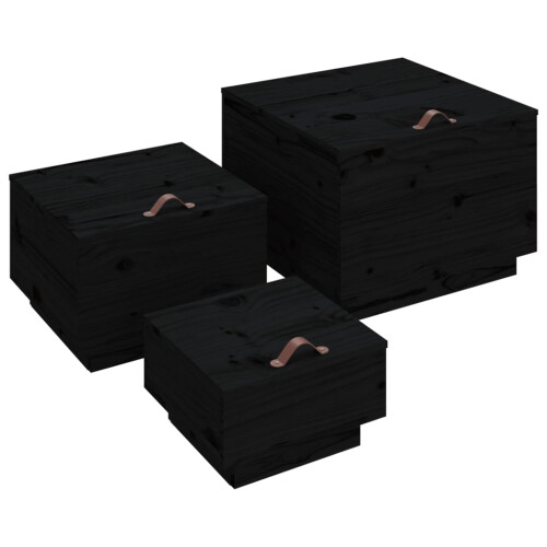Berkfield Storage Boxes with Lids 3 pcs Black Solid Wood Pine 1
