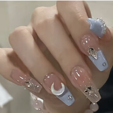 Ice Blue Glitter Press On Nails with Rhinestones, 24 Pcs Set for Easy Home Application and Sparkle Finish