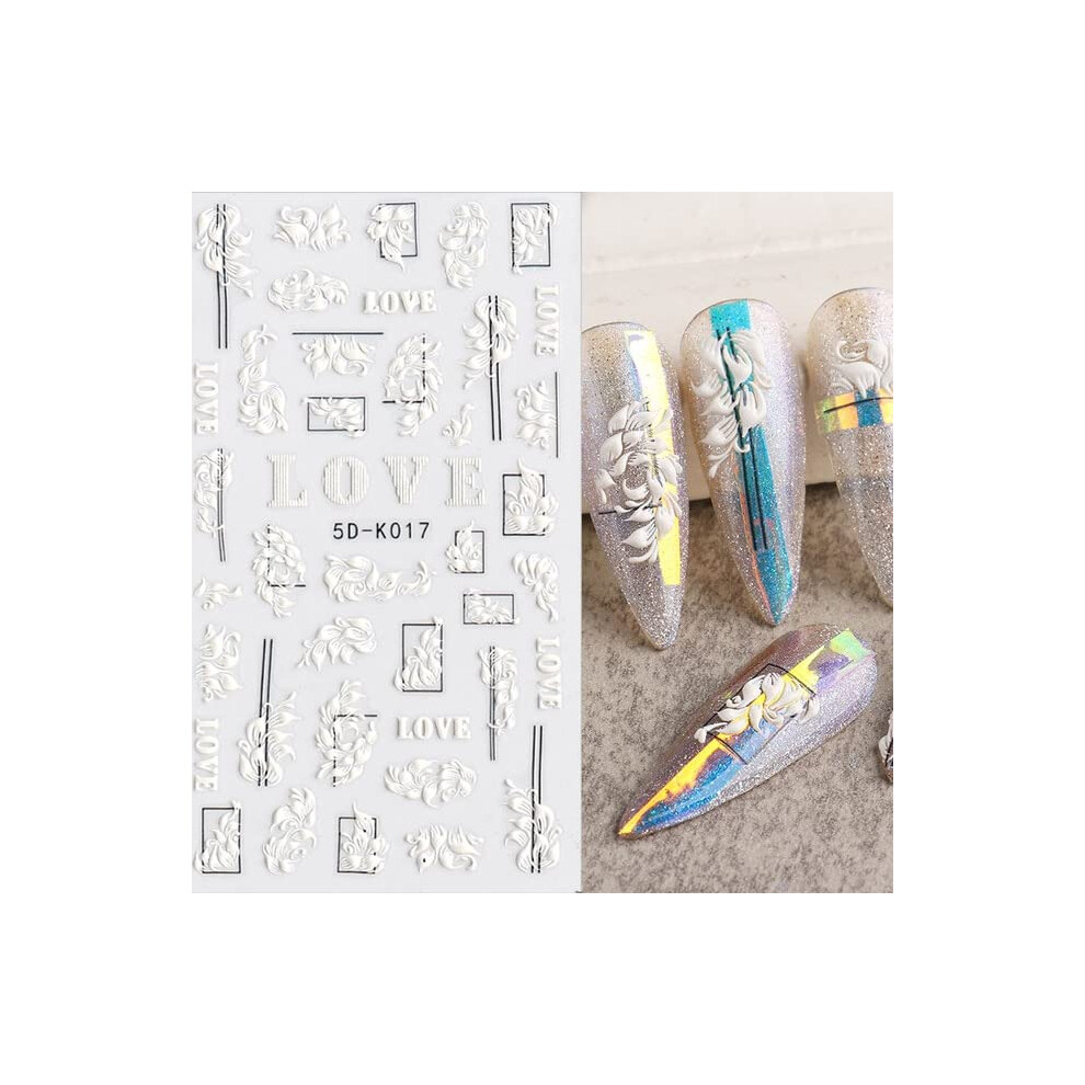 5D Embossed Nail Stickers Camellia and Daisy Floral Decals White Relief Design for Spring Wedding Manicure