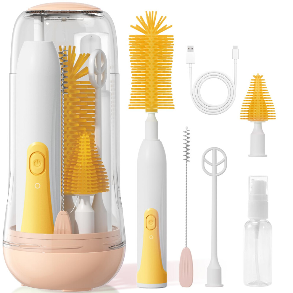 Electric Bottle Brush Cleaner, Rechargeable Waterproof Baby Bottle Cleaning Set with Drying Rack and Soap Dispenser, Yellow