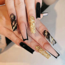 Shiny Black Gold Press On Nails Set for Women, Long Acrylic Full Cover False Nail Tips Reusable