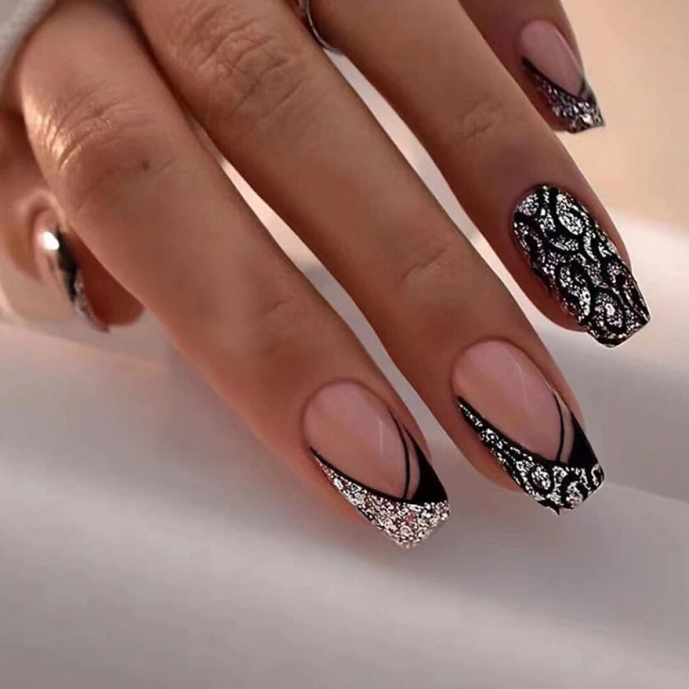 Reusable Press On Nails Kit Black French Leopard Design False Nails Set with Glue for Women 24pcs