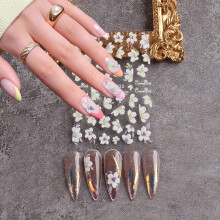 5D Embossed White Jasmine Floral Nail Stickers Set with Tweezer, Self Adhesive Flower Nail Decals for Spring DIY Nail Art