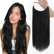 Invisible Wire Human Hair Extensions 16 Inch Jet Black Real Remy Halo Design with Adjustable Fit and Secure Clips for Women