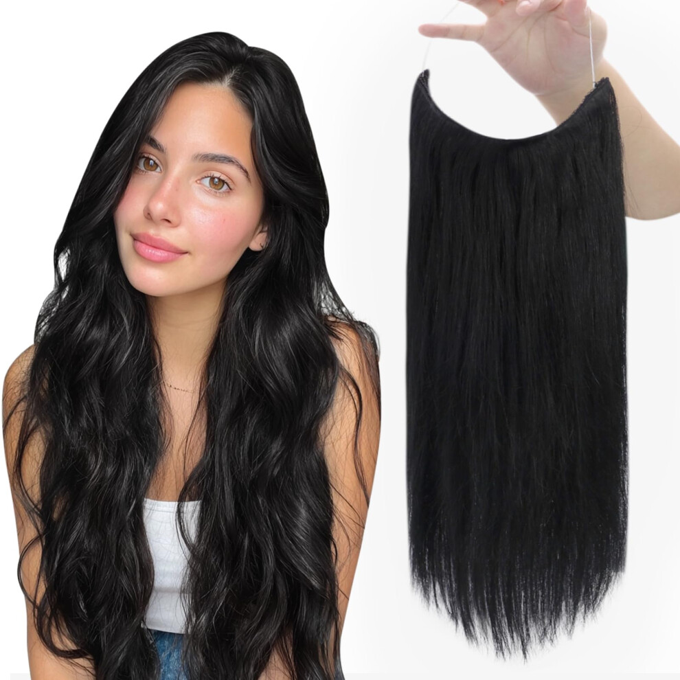 Fshine Invisible Wire Hair Extensions Real Human Hair Jet Black Fish Line Extensions Straight Wire Remy Hair 16 Inch One Piece Clip In Hidden Wire Hai