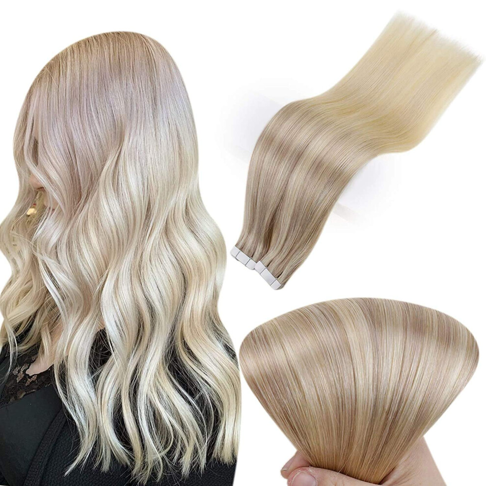 Unisex Silver Balayage Tape In Hair Extensions 24 Inch Real Remy Human Hair Ash To Platinum Blonde 40Pcs
