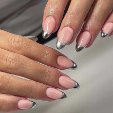 Almond Silver Tip Press On Nails Set for Women, Medium Length Full Cover Glossy Artificial Nails 24PCS
