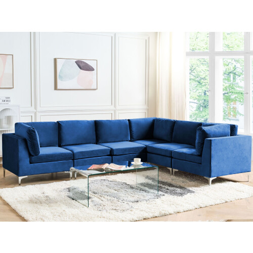 Beliani Modular Corner Sofa 6 Seater EVJA Velvet Navy Blue Left Hand 1