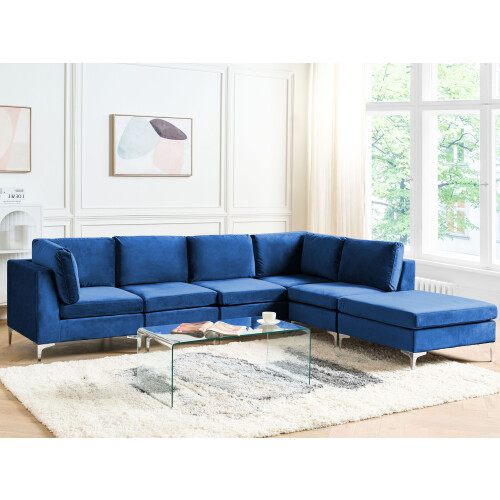 Beliani Modular Corner Sofa 5 Seater EVJA with Ottoman Velvet Navy Blue Left Hand 2