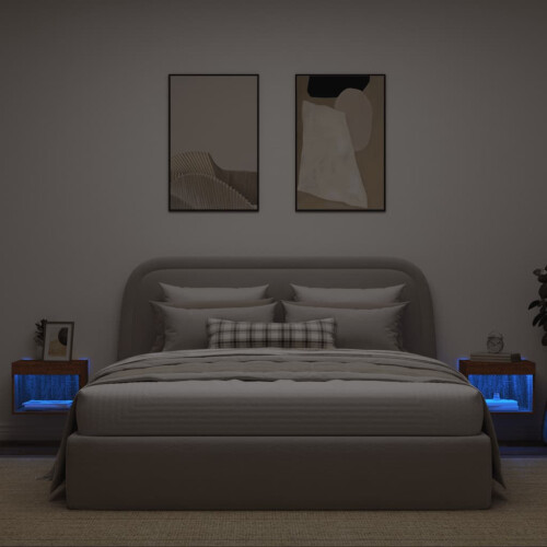 Berkfield Bedside Cabinets with LED Lights Wall-mounted 2 pcs Brown Oak 2