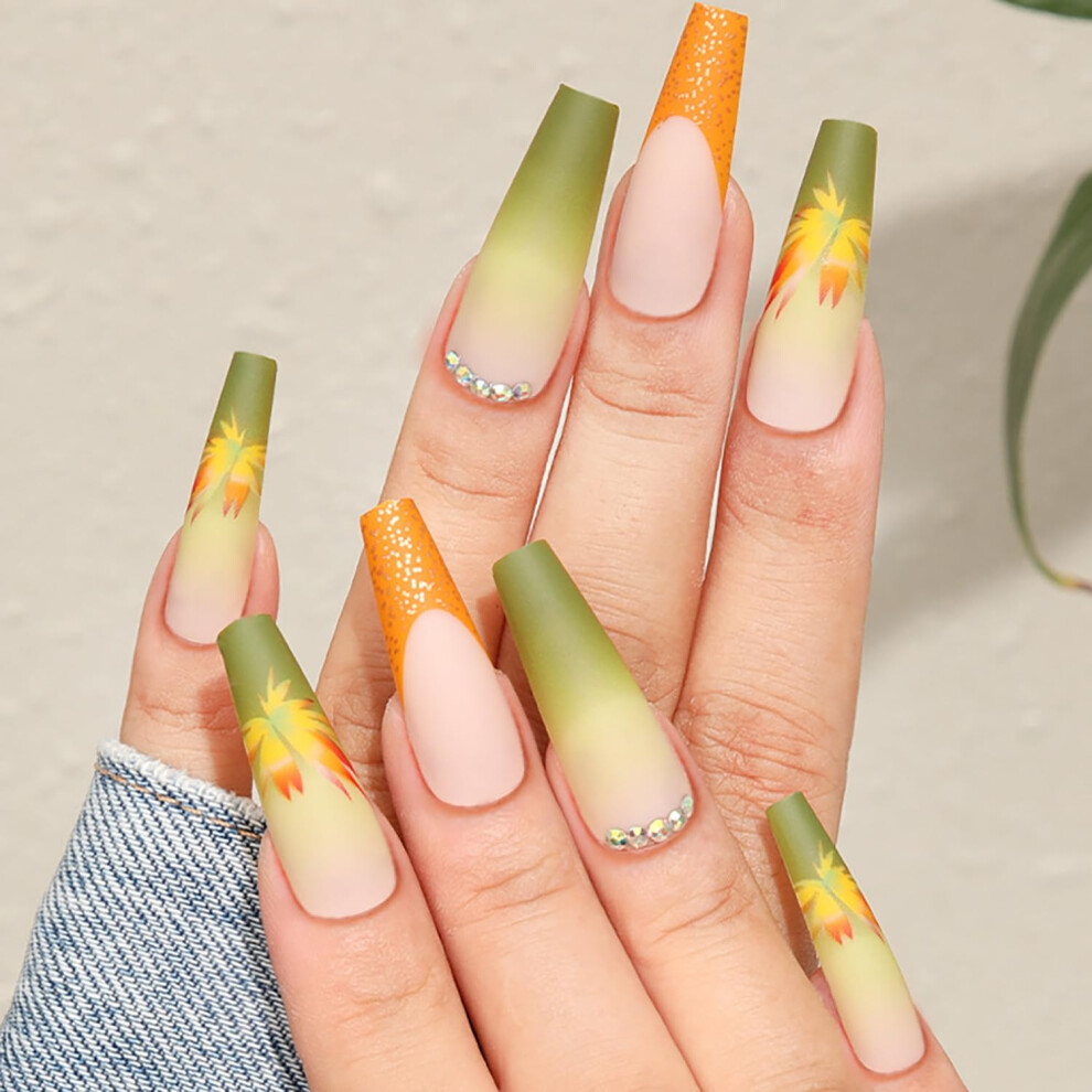 Yellow Thanksgiving Press On Nails Set Autumn Maple Leaf Coffin Acrylic Nails With Glitter Rhinestones 24Pcs Long Reusable Fall Manicure