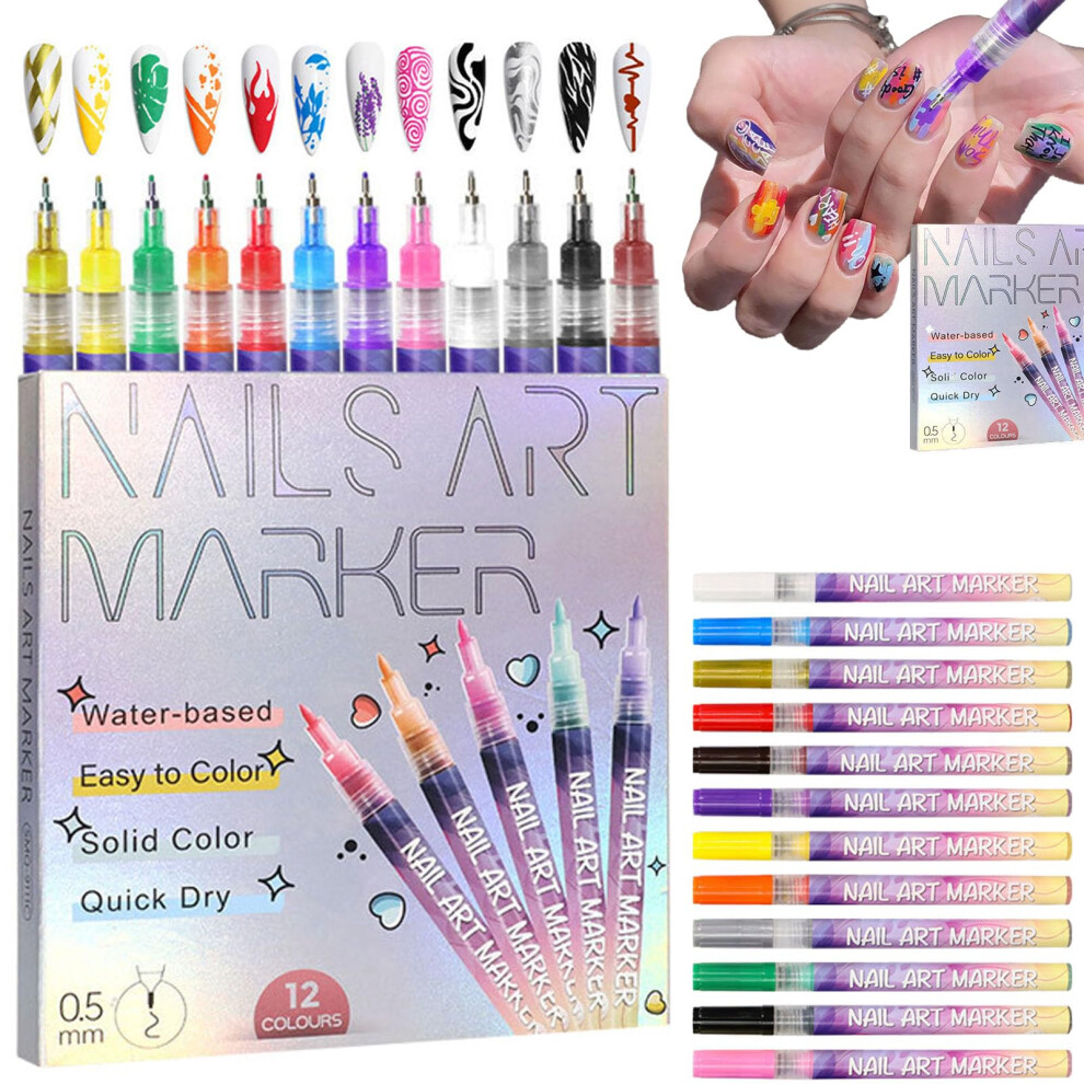 12 Colors Gel Nail Art Pens Set with UltraâFine 0.5mm Tip, QuickâDry Formula for 3D Drawing and DIY Manicure