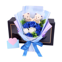 Blue Soap Flower Bouquet Gift Set with Bear Dolls, Scented Artificial Flowers for Valentines Day
