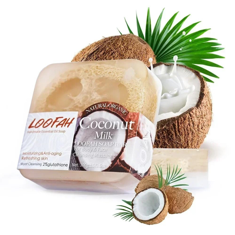 Handmade Exfoliating Loofah Soap Bar 100g with Coconut Milk and Essential Oils for Body Cleansing