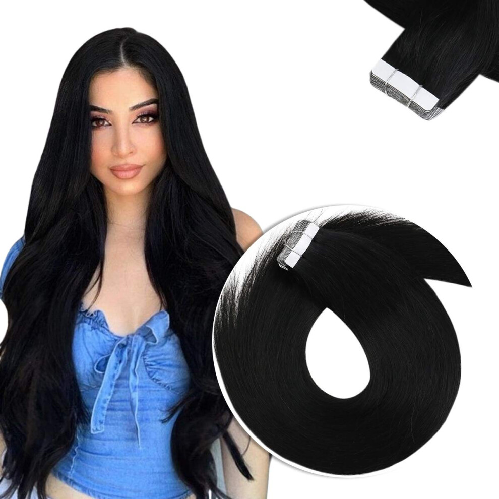 Unisex Black Tape In Hair Extensions Jet 20 Inch Remy Human Hair Invisible Seam Silky Straight Reusable Wefts