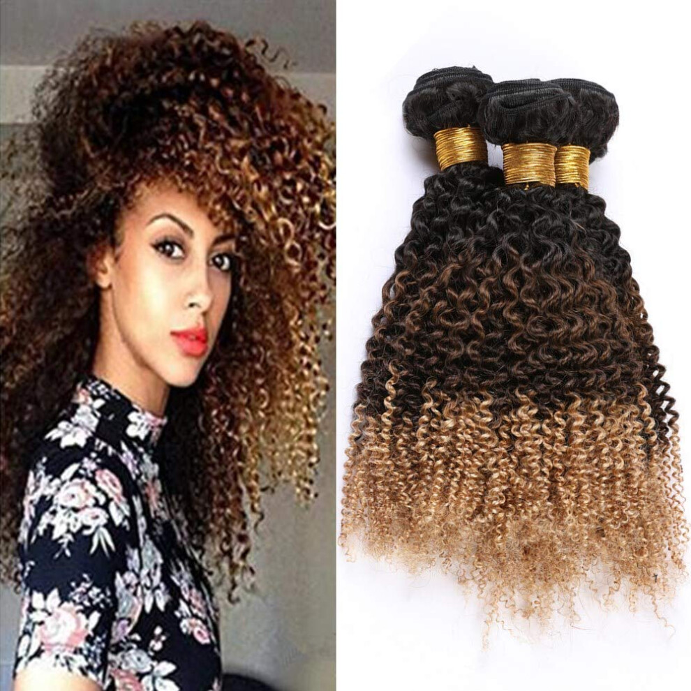 Unisex Brazilian Human Hair Bundles 1B 4 27 Ombre Kinky Curly Weave Three Tone Virgin Hair Extensions Soft Full Volume