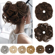 2PCS Messy Bun Hair Piece for Women, Tousled Updo Hair Extension, Curly Heat‑Resistant Scrunchie Medium Brown with Golden Highlights