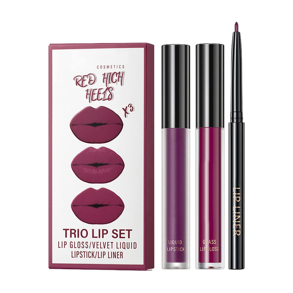Matte Lip Gloss Set Trio Non Sticky Long Lasting Moisturizing with Precise Lip Liner Travel Size 3ml