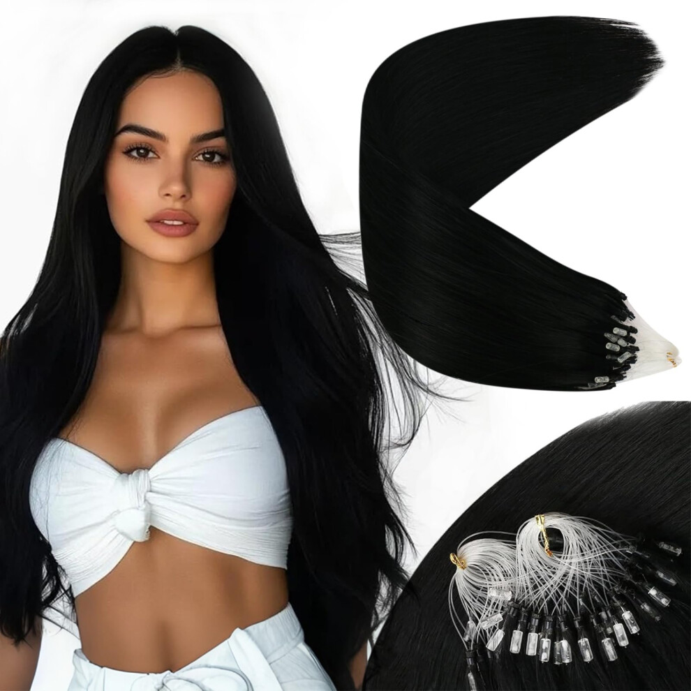 Unisex Black 22 Inch Jet Real Remy Human Hair Micro Loop Extensions 50G For Wedding Natural Shine